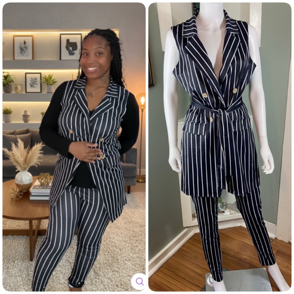 Women’s 2 Pc Pin Striped Pinstripe Pants Wrap Vest Belt Suit Set M/L Outfit